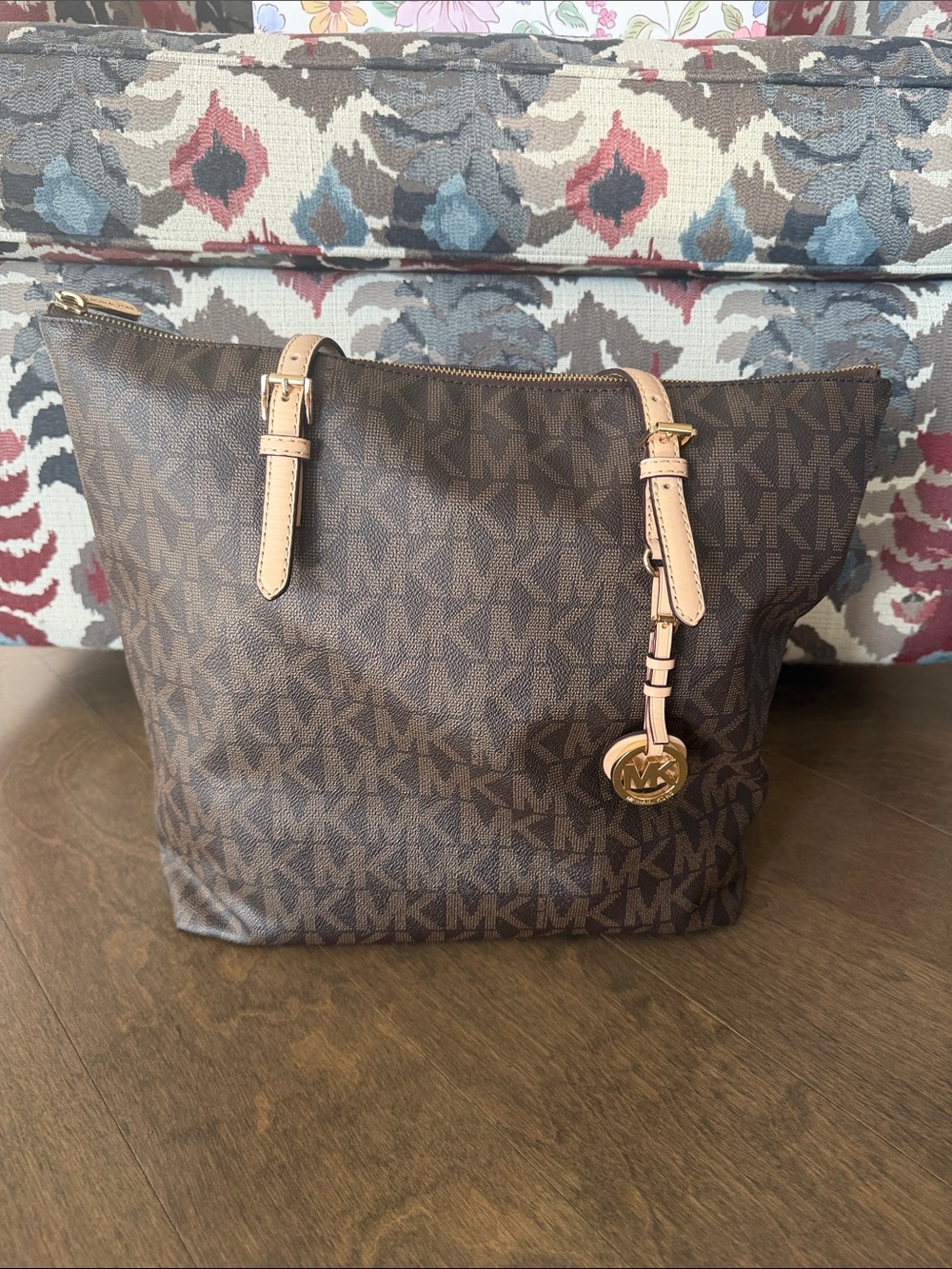 Michael Kors Brown Monogram Shoulder Tote with Gold MK Charm